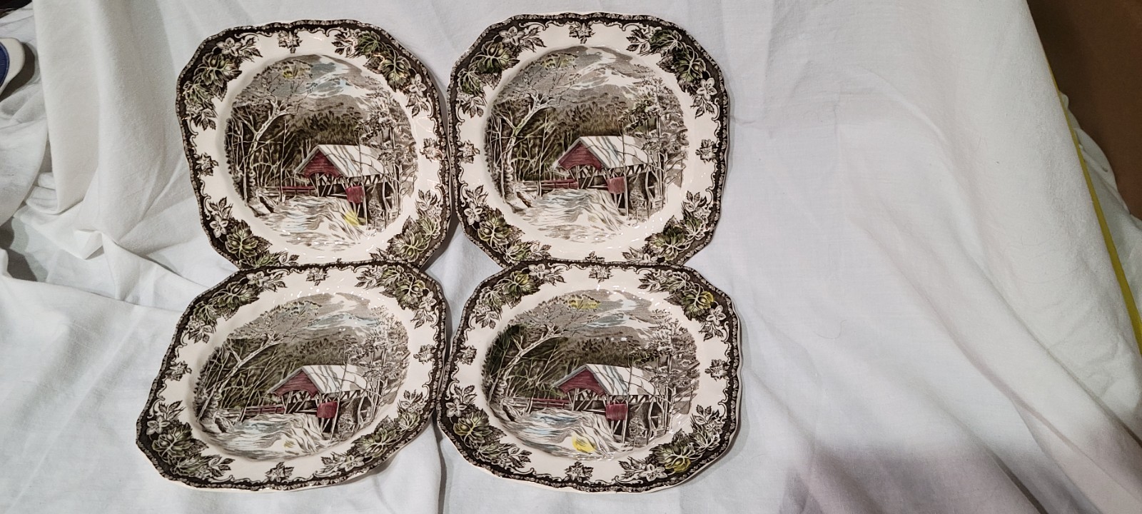 4 Johnson Bros Friendly Village Covered Bridge Square Plates Made in England