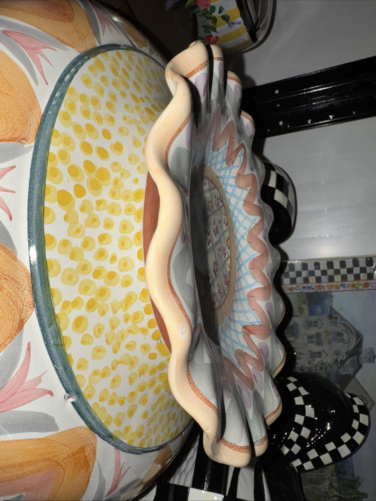 Mackenzie Childs Ceramic Taylor Heather Check Fluted 9” Handmade Vintage