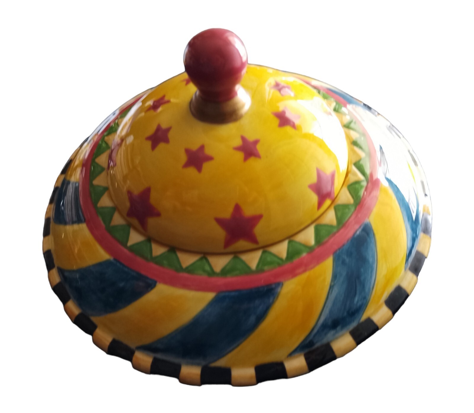 Vintage Vandor China 1997 colorful pottery slanted bowl 5” tall with lid jar