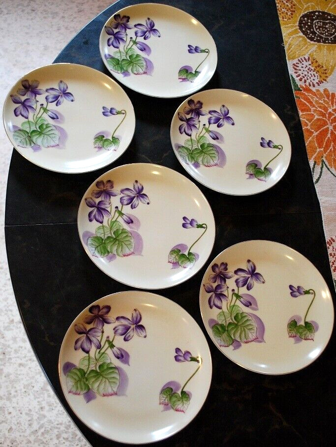 Vtg Set 6 PLATES Tashiro Shoten Japan HANDPAINTED PURPLE VIOLETS Gold Rims 7.5″