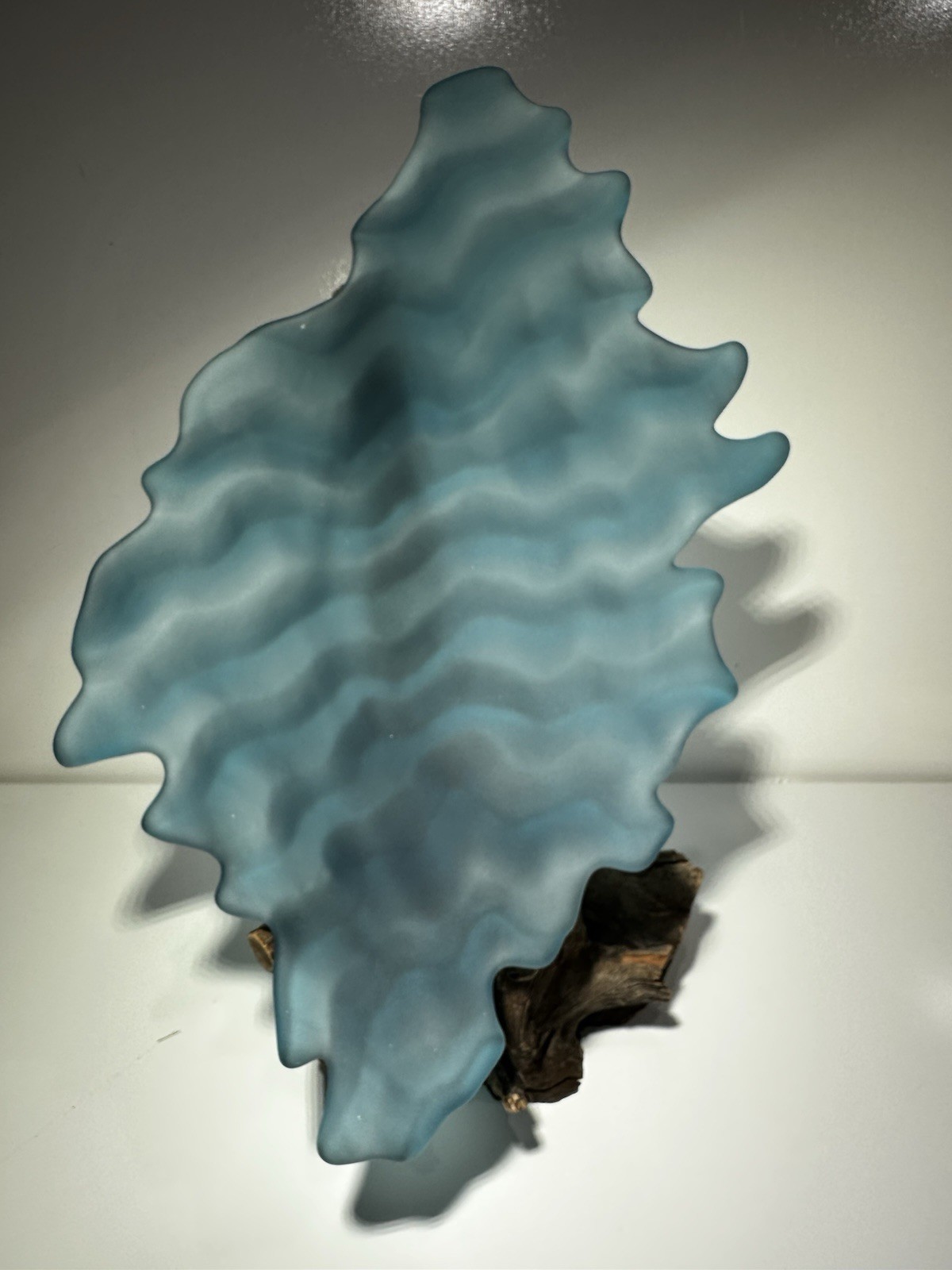 Postmodern Carved + Shaped Aqua Art Glass Asymmetrical Shallow Bowl