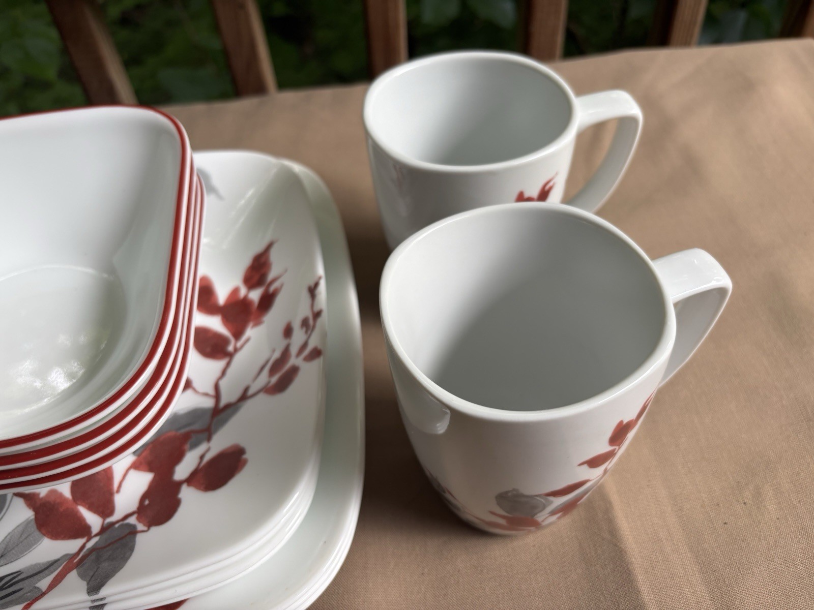 Corelle Kyoto Leaves 15 Pc Square Set 3 Dinner Plates 4 Luncheon 4 Bowls 4 Mugs
