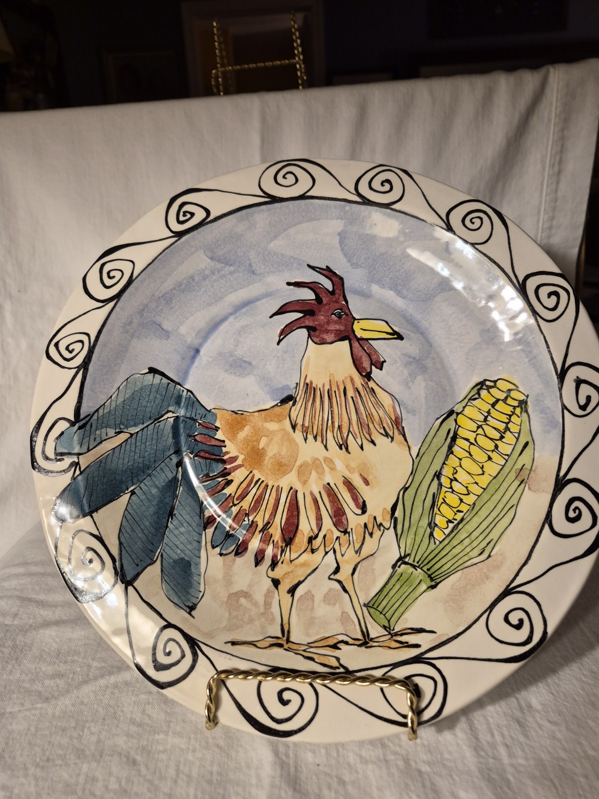 1997 Steve Hasslock 12″ Handpainted ROOSTER Pottery Signed Plate Farm Cottage