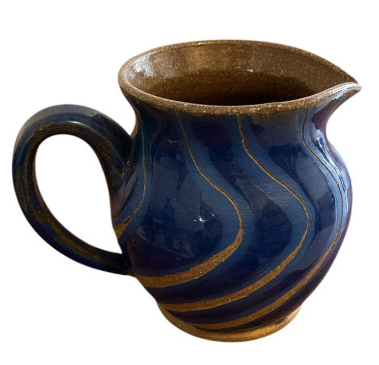 Vintage Hand Thrown Pottery Pitcher Vase Blue Tan Glazed Studio Art Signed OOAK