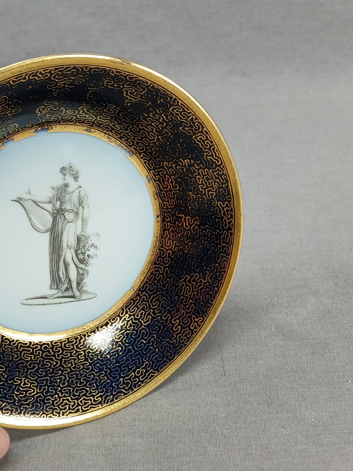 KPM Berlin Hand Painted Neoclassical Figures Cobalt & Gold Cup & Saucer C. 1790