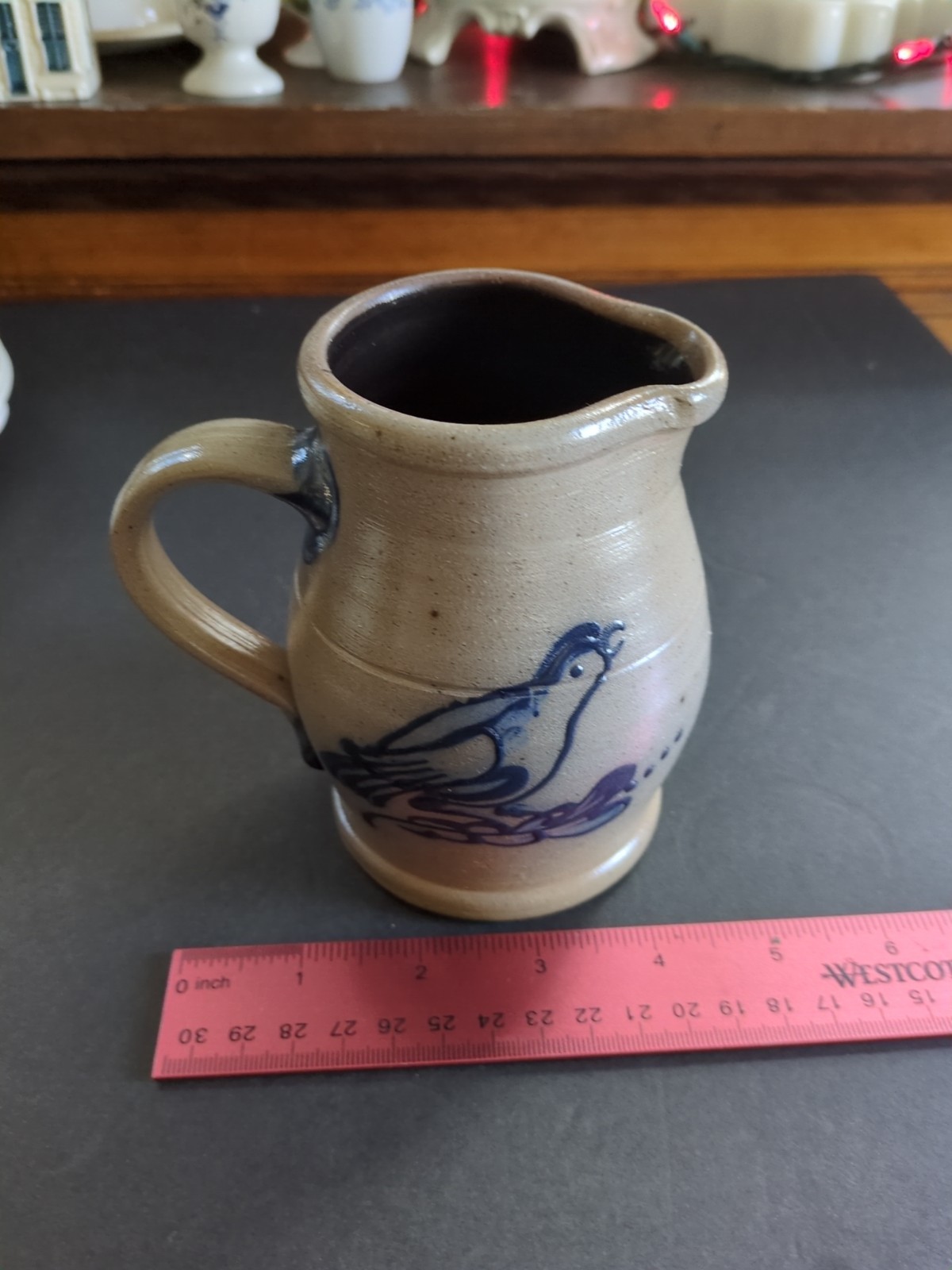1992 ROWE Pottery BLUEBIRD Small Pitcher Vase Salt Glaze Gray Blue Bird Vintage