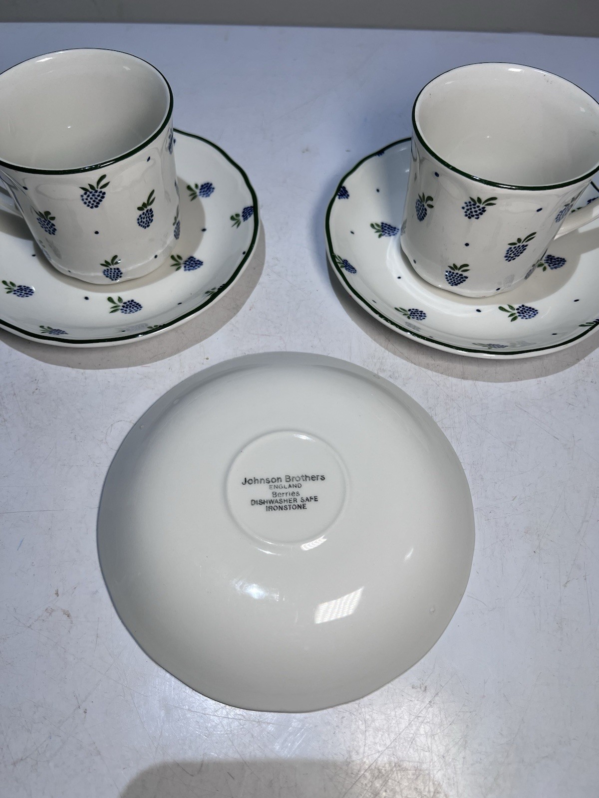 Vintage Johnson Brothers Ironstone Blue Berries 2-Teacup And 3 Saucers