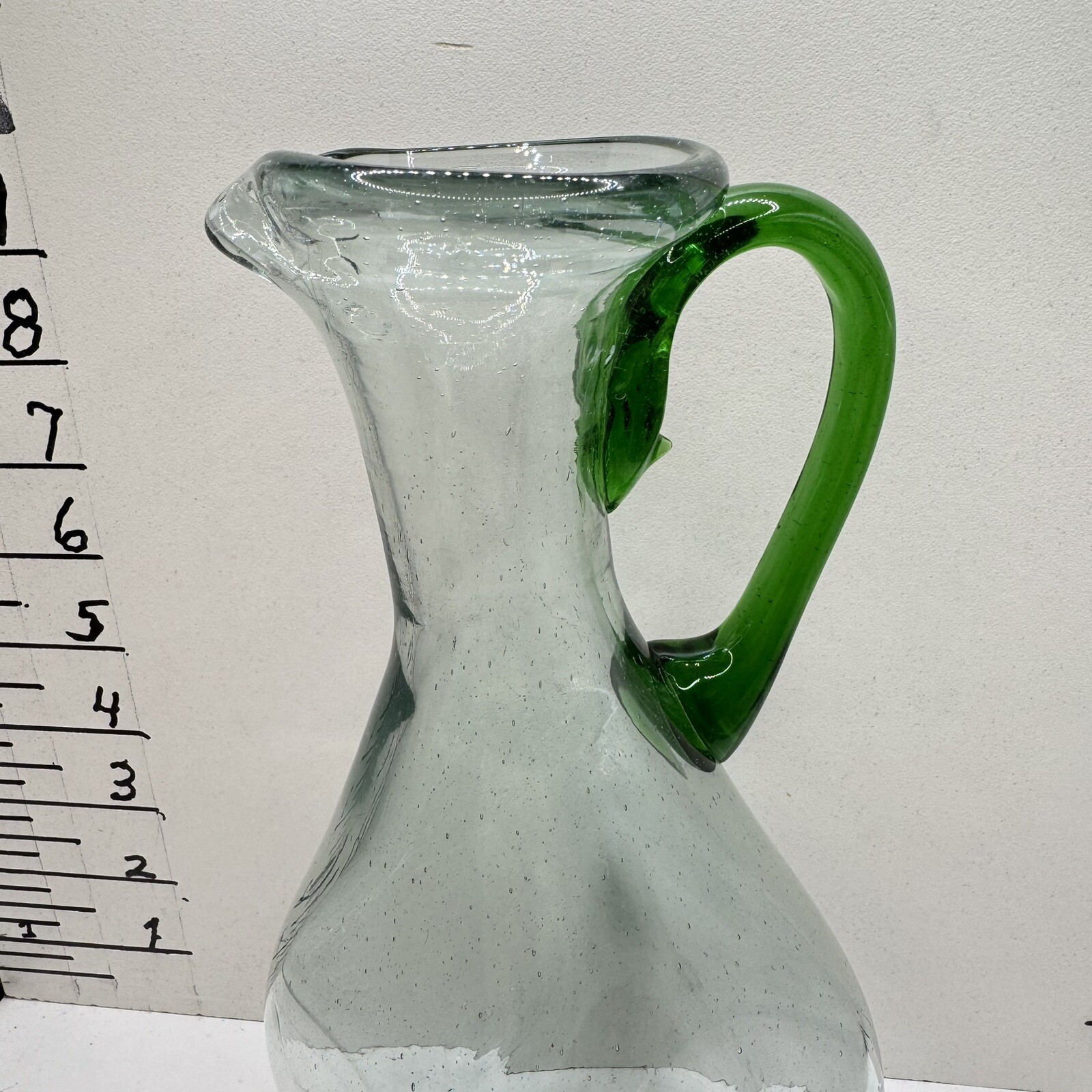 Old Art Deco Hand Blown Glass Pitcher Asymmetrical Sides Almost 10” Tall