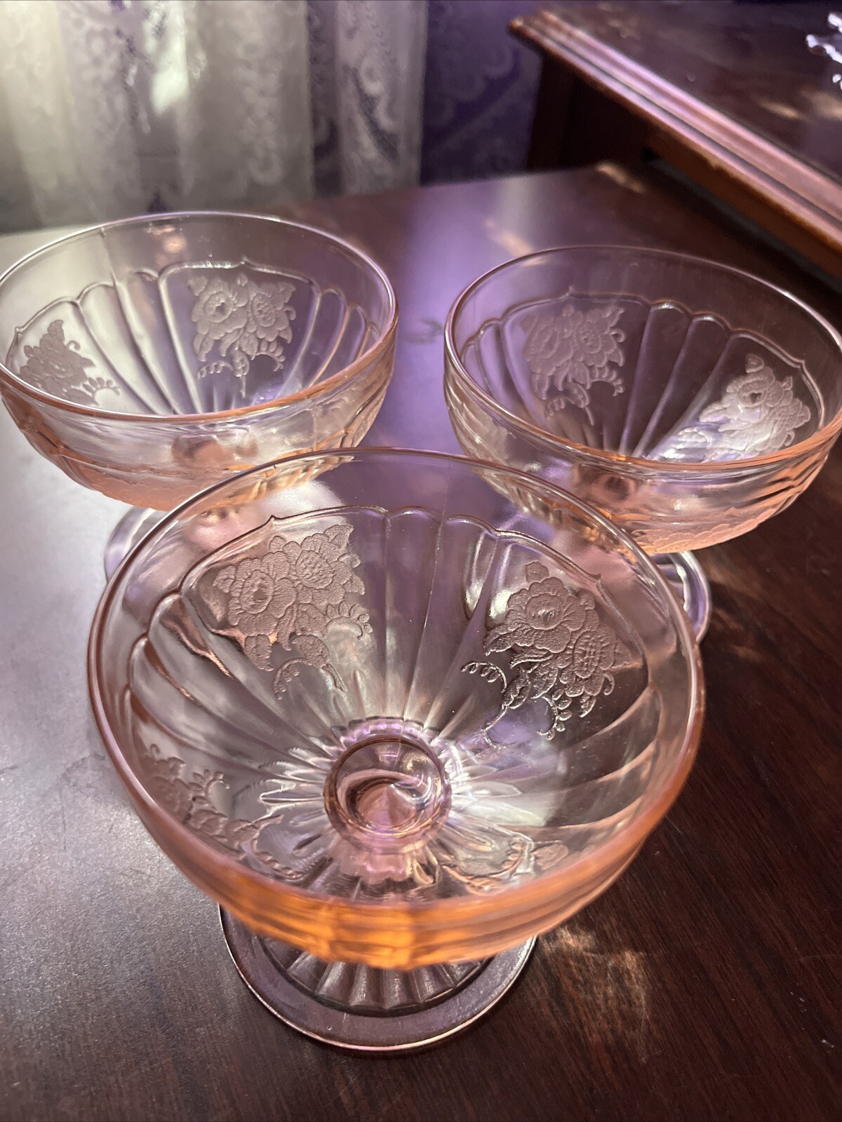 Mayfair Open Rose Depression Glass PINK 3” Ftd Sherbets (3) Anchor Hocking