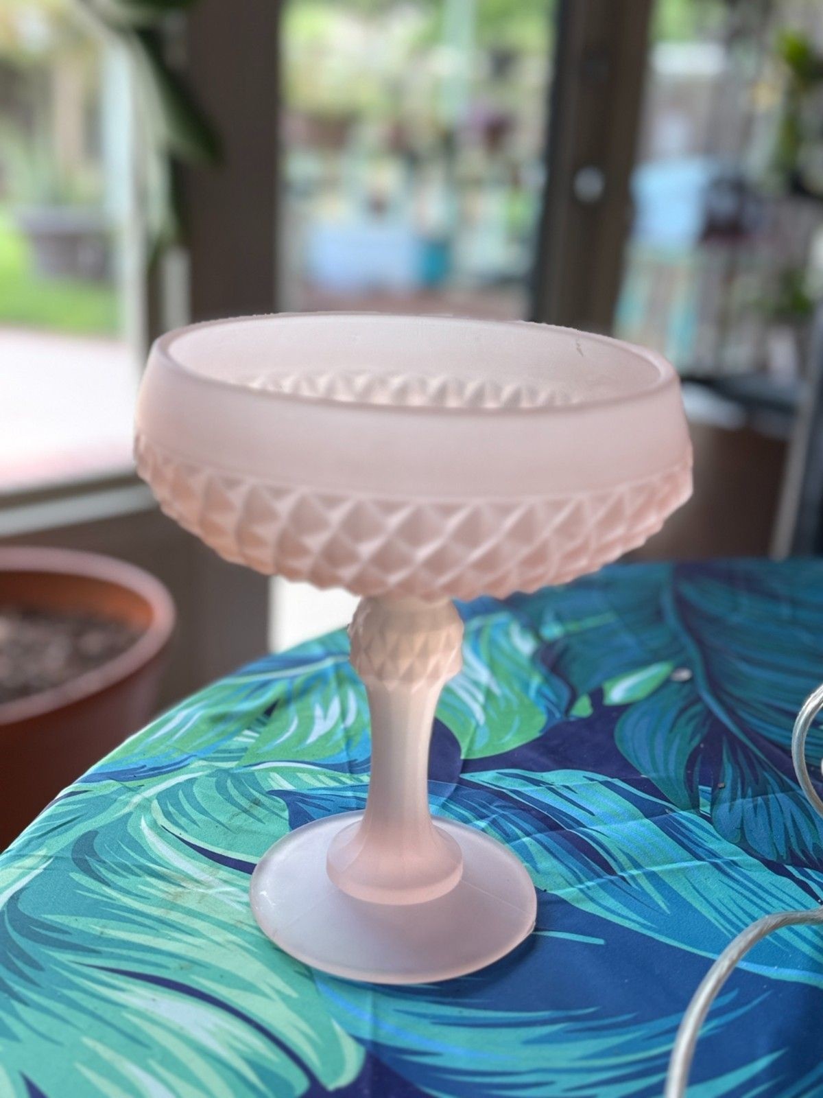One 1970s Indiana Glass Pink Satin Diamond Point Pedestal Compote 7.75in