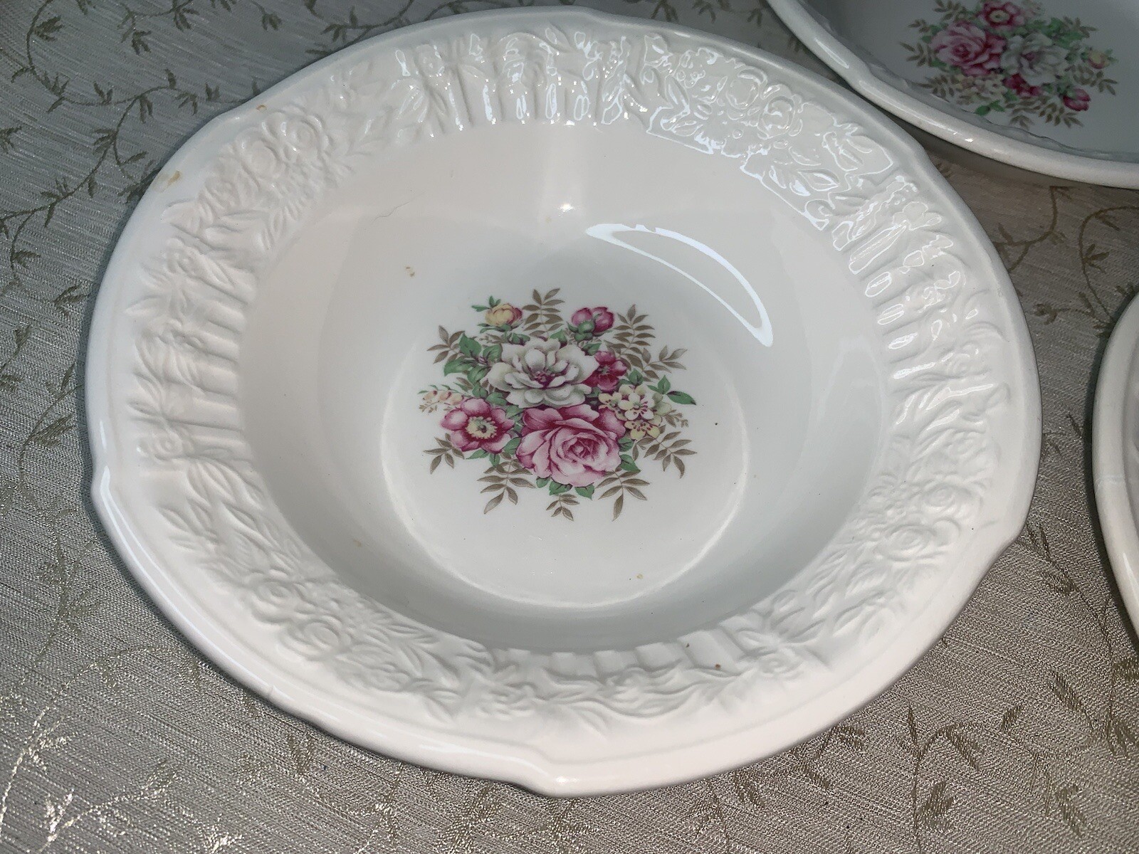 Vtg French Saxon China 6” Floral Bouquet Scalloped Embossed Edge Bowls Set Of 3