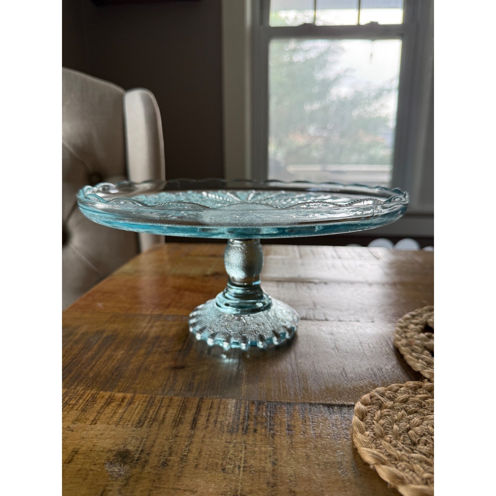 Jeannette Glass Feather Pattern Cake Stand Ice Blue Excellent 50s Vintage