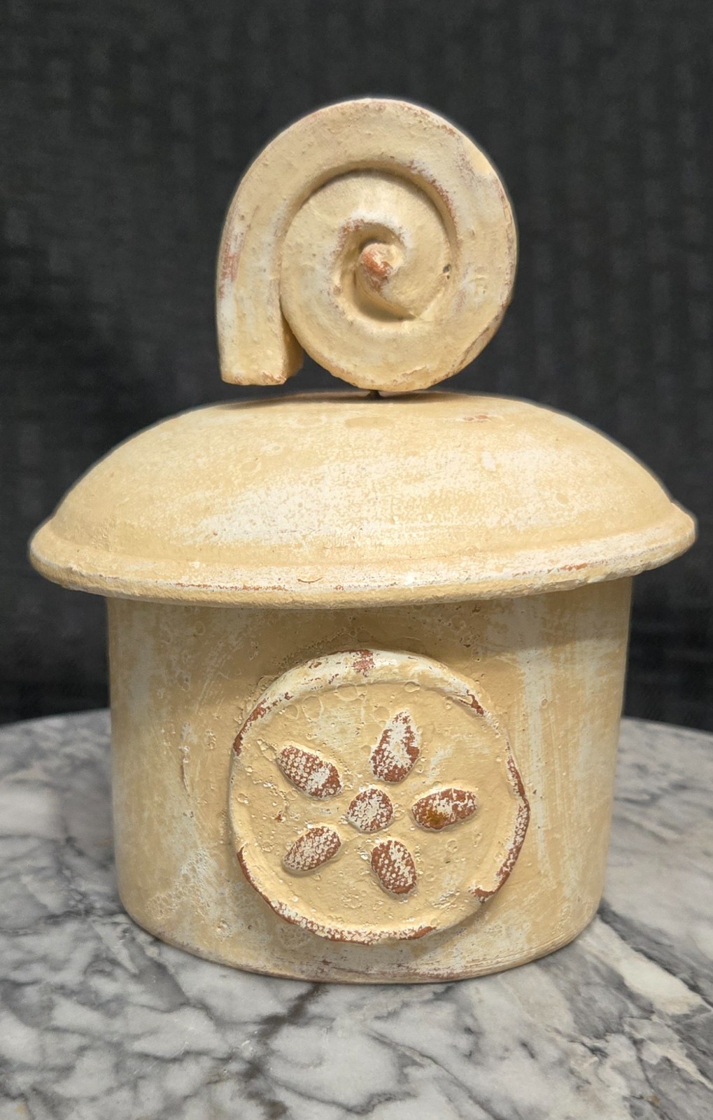 Beige Art Pottery Lidded Jar – Cream Glaze With Swirl-Shaped Handle 6″ Tall