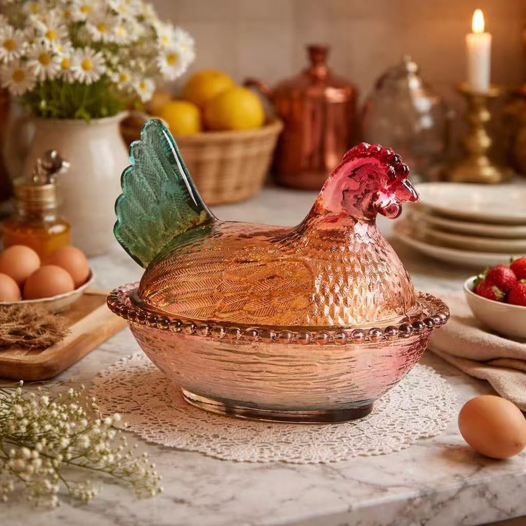 Vintage-Style Glass Hen on Nest Dish with Lid, Colorful Pedestal Candy Bowl