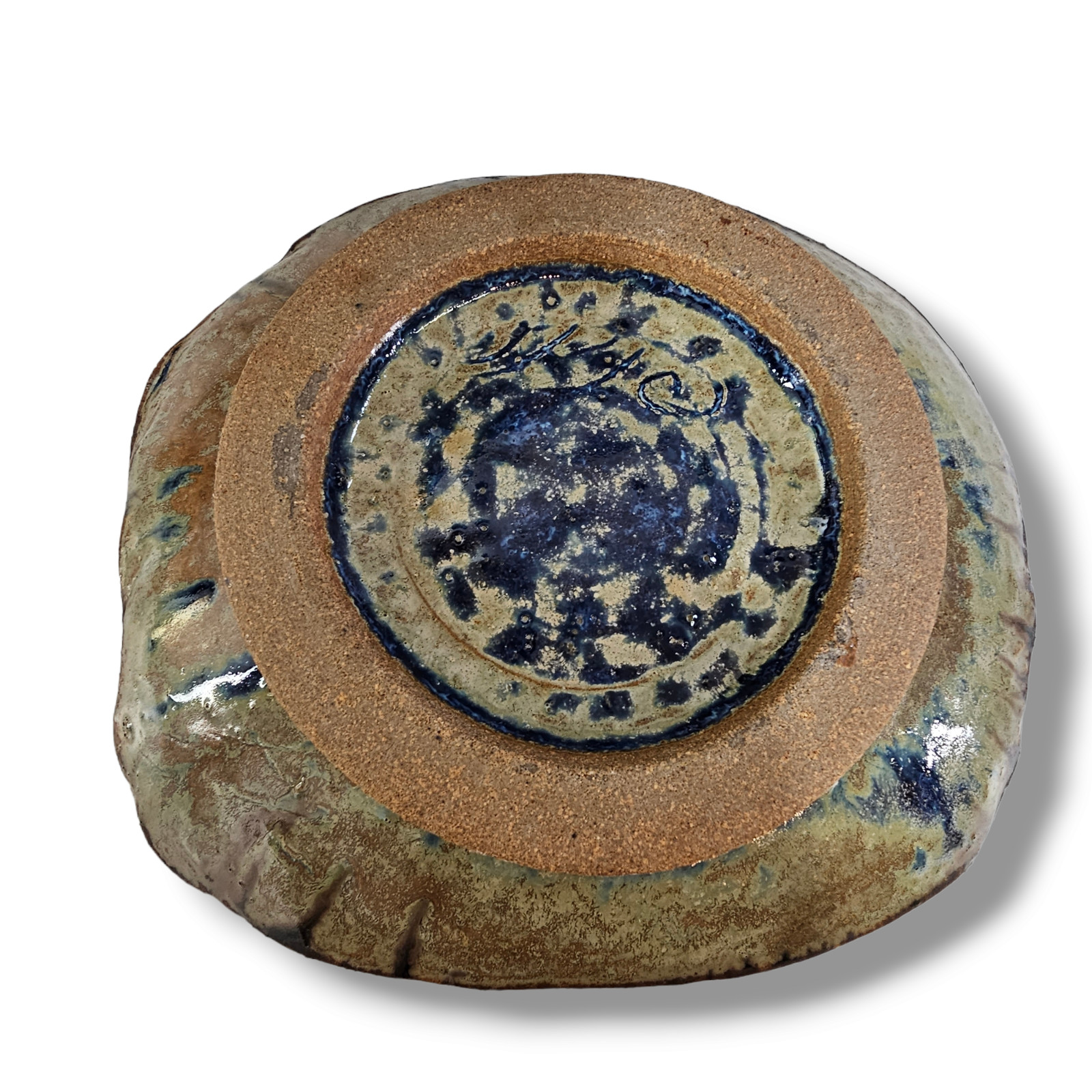 Vintage Studio Art Pottery Raised Footed Bowl Ceramic Blue Brown Signed 8.5″