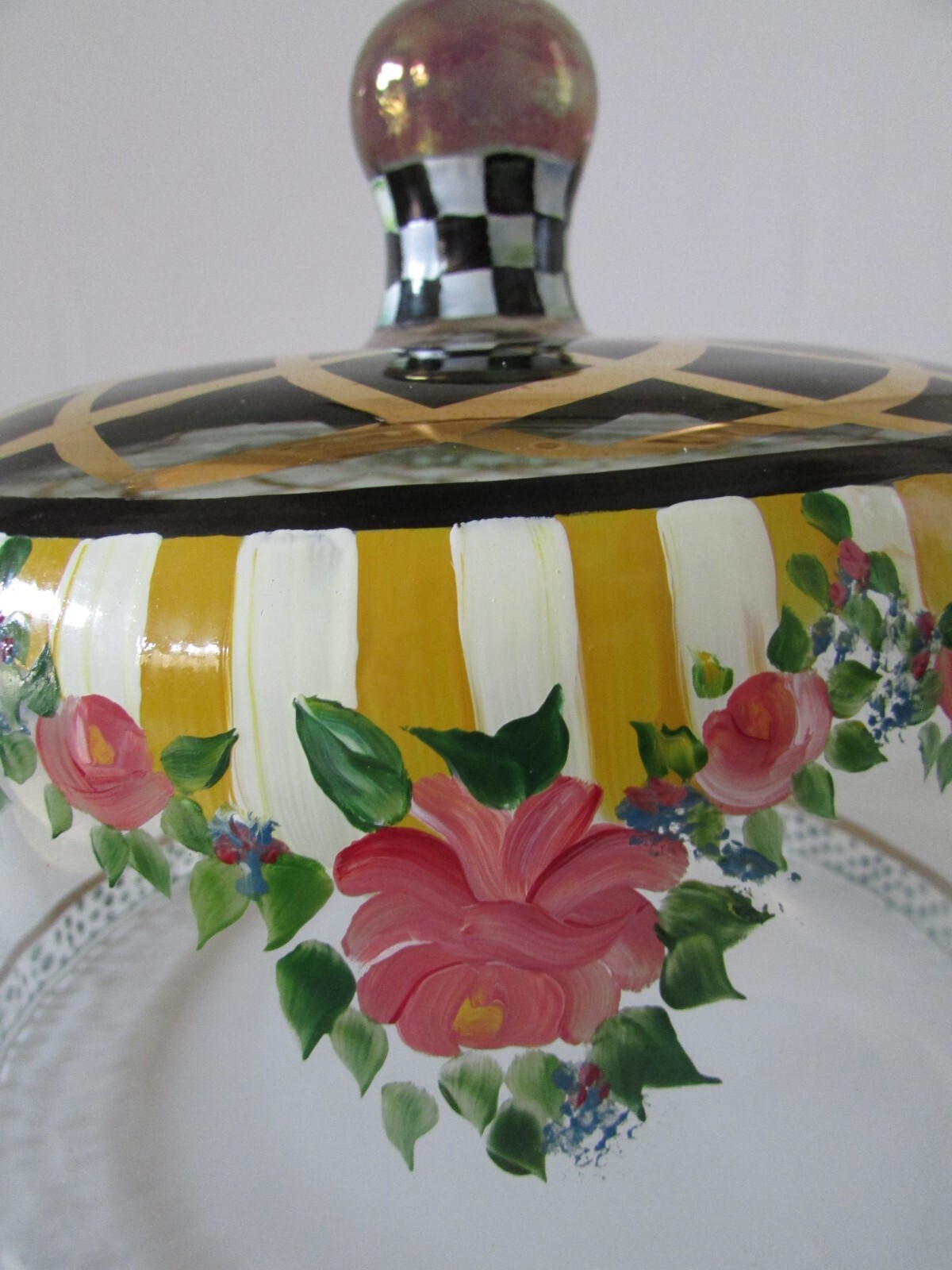 VTG Mackenzie Childs Courtly Check Circus Glass Cake Dome & Underplate