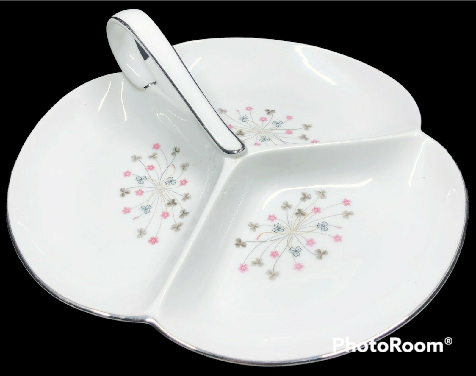 Vintage Noritake Divided Serving Dish Pink Flowers Gray Clovers Handled 10″