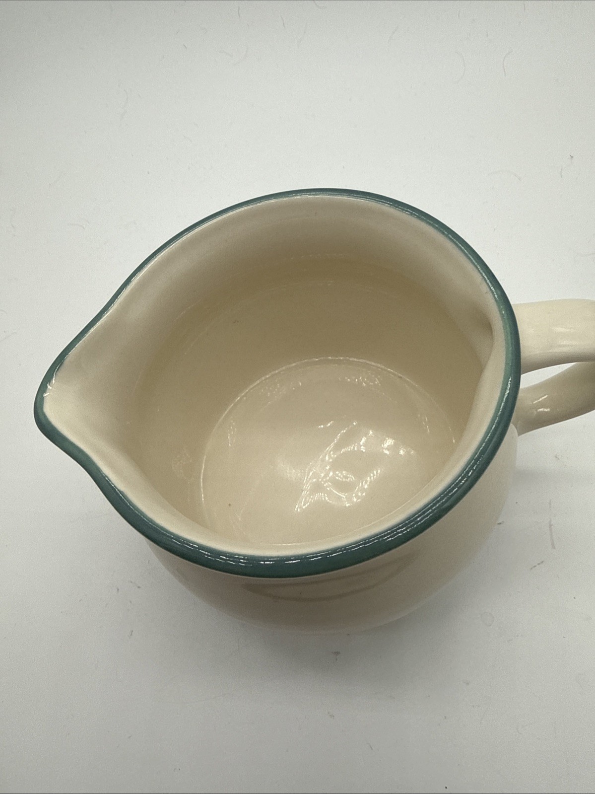 Pfaltzgraff Juniper Creamer Saucer Pitcher Ivory Green / Mauve Bands Made In USA