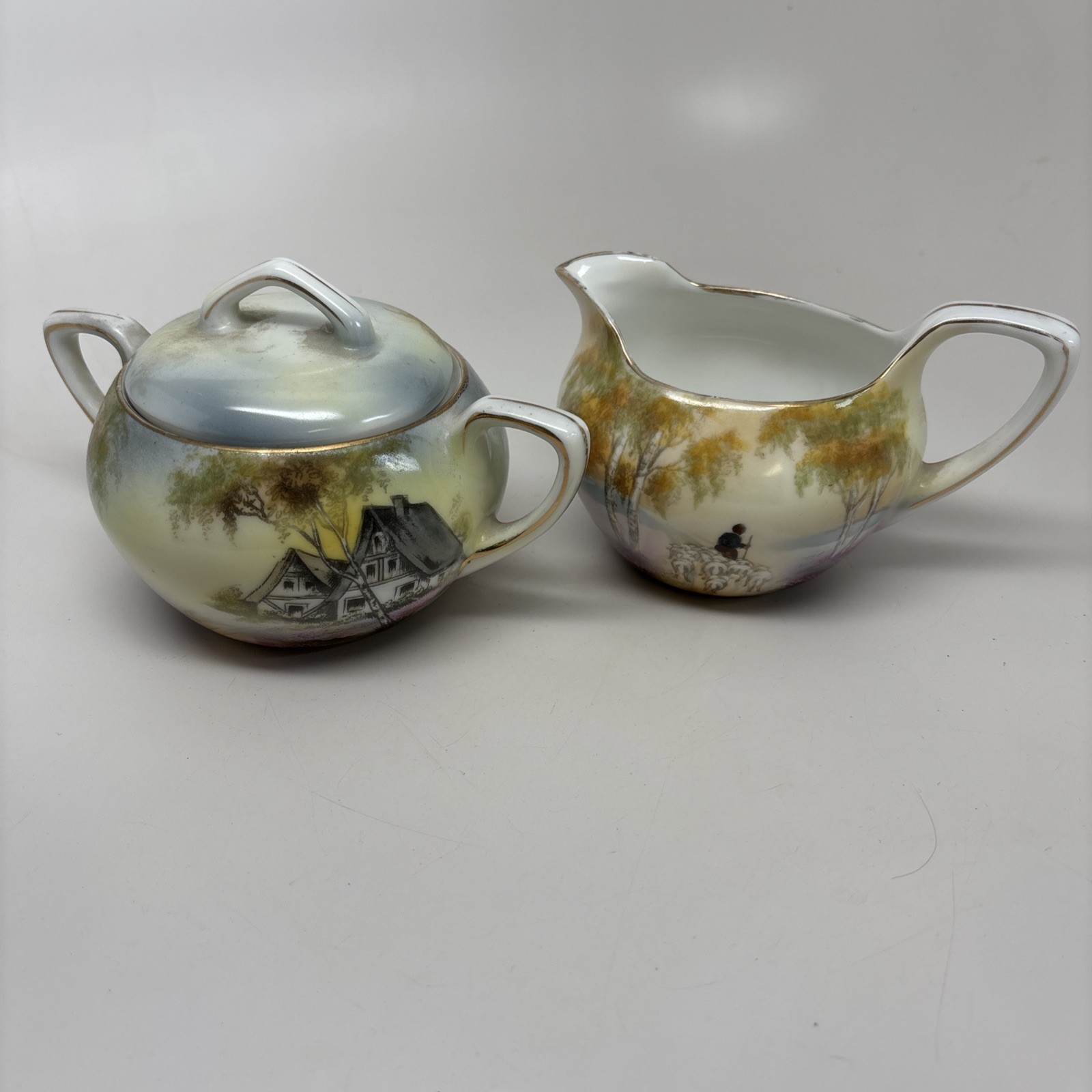 Antique RS Prussia Rare Sugar Creamer Cottage Barn Motif
