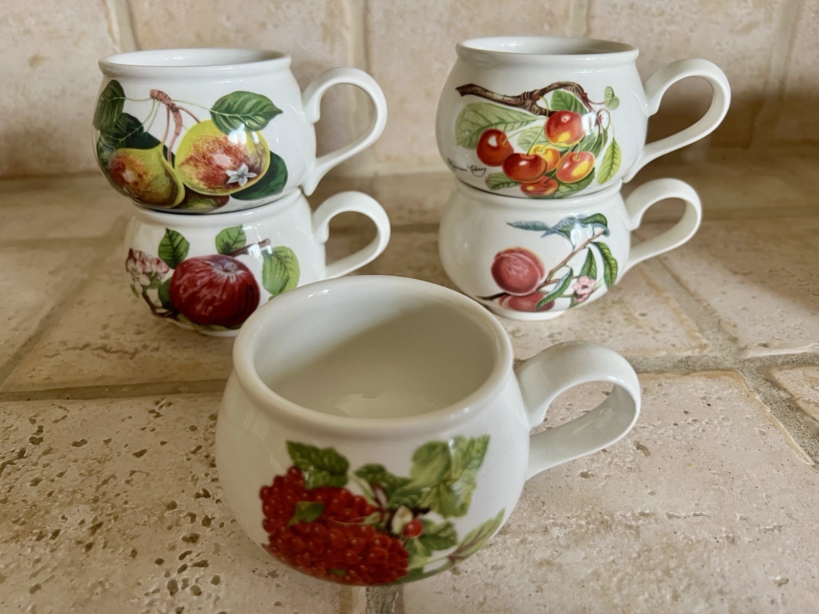 Portmeirion Pomona Fruit Cups Set Porcelain Made in England White Multicolor