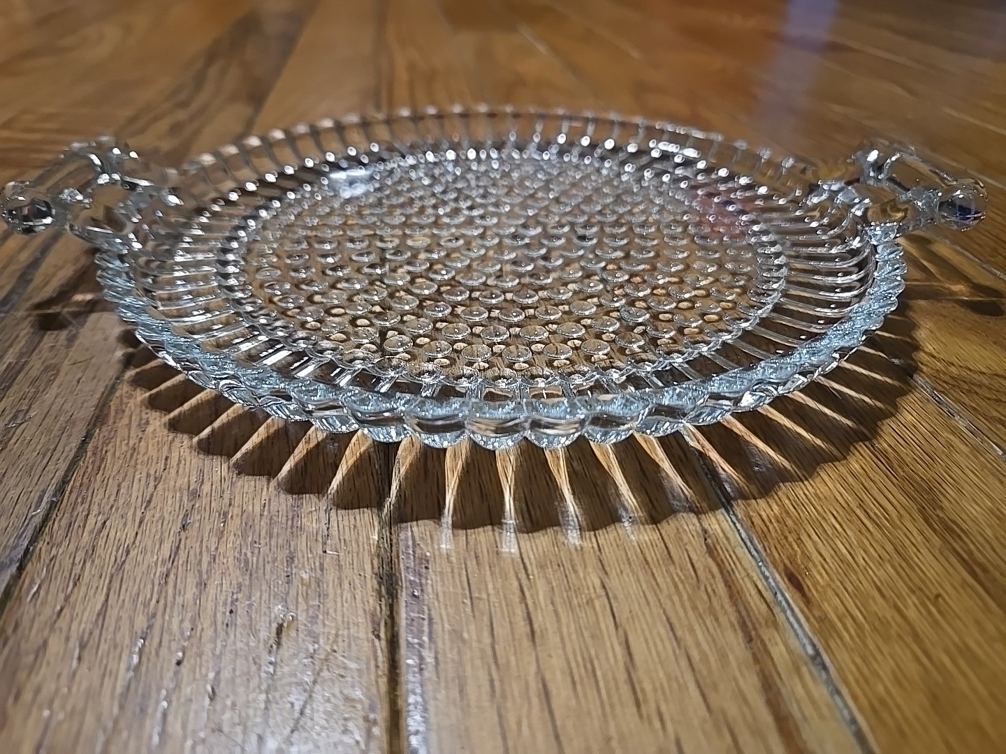 Hobnail Clear Glass Plate round with Handles, 10″ handle to handle. 8″ diameter