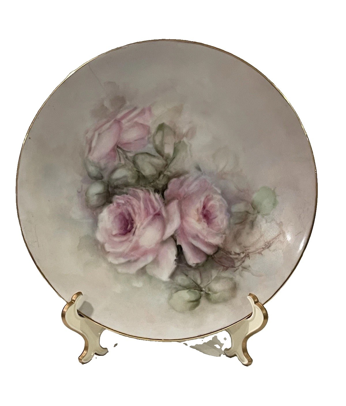 Hand Painted Plate Pink/Green Floral Roses Gold Rim Signed J. Deeter 10”