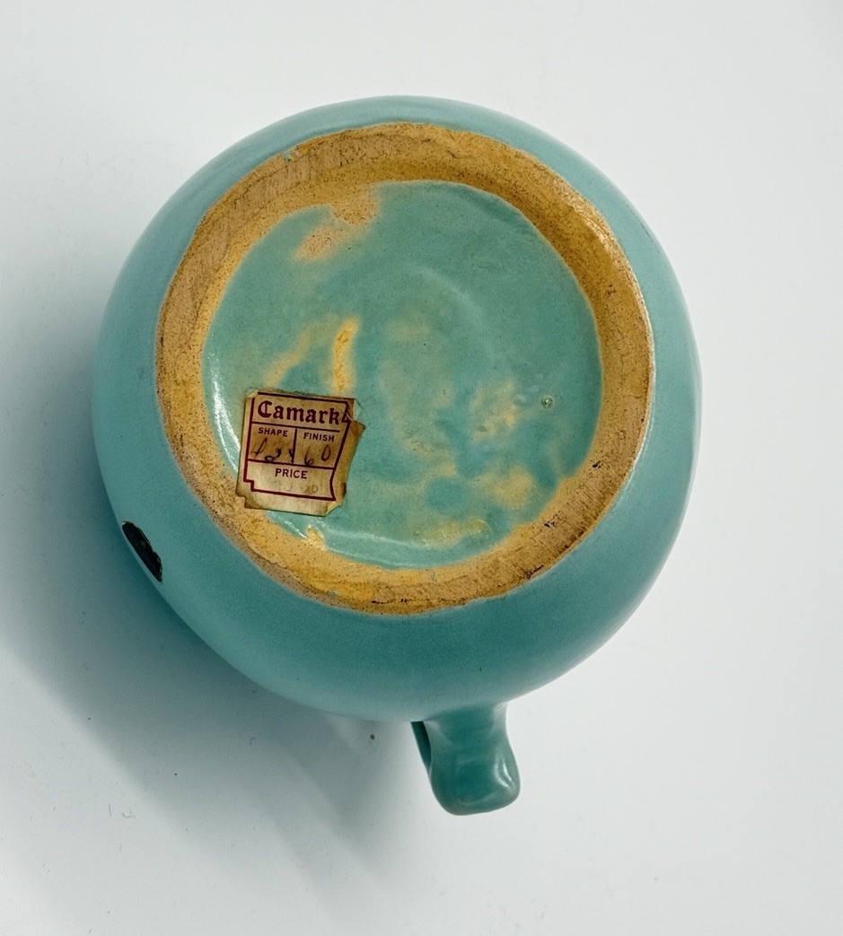 Vintage Art Deco Pottery Water Ball Pitcher Camark Teal Glazed Labels Cork 7″