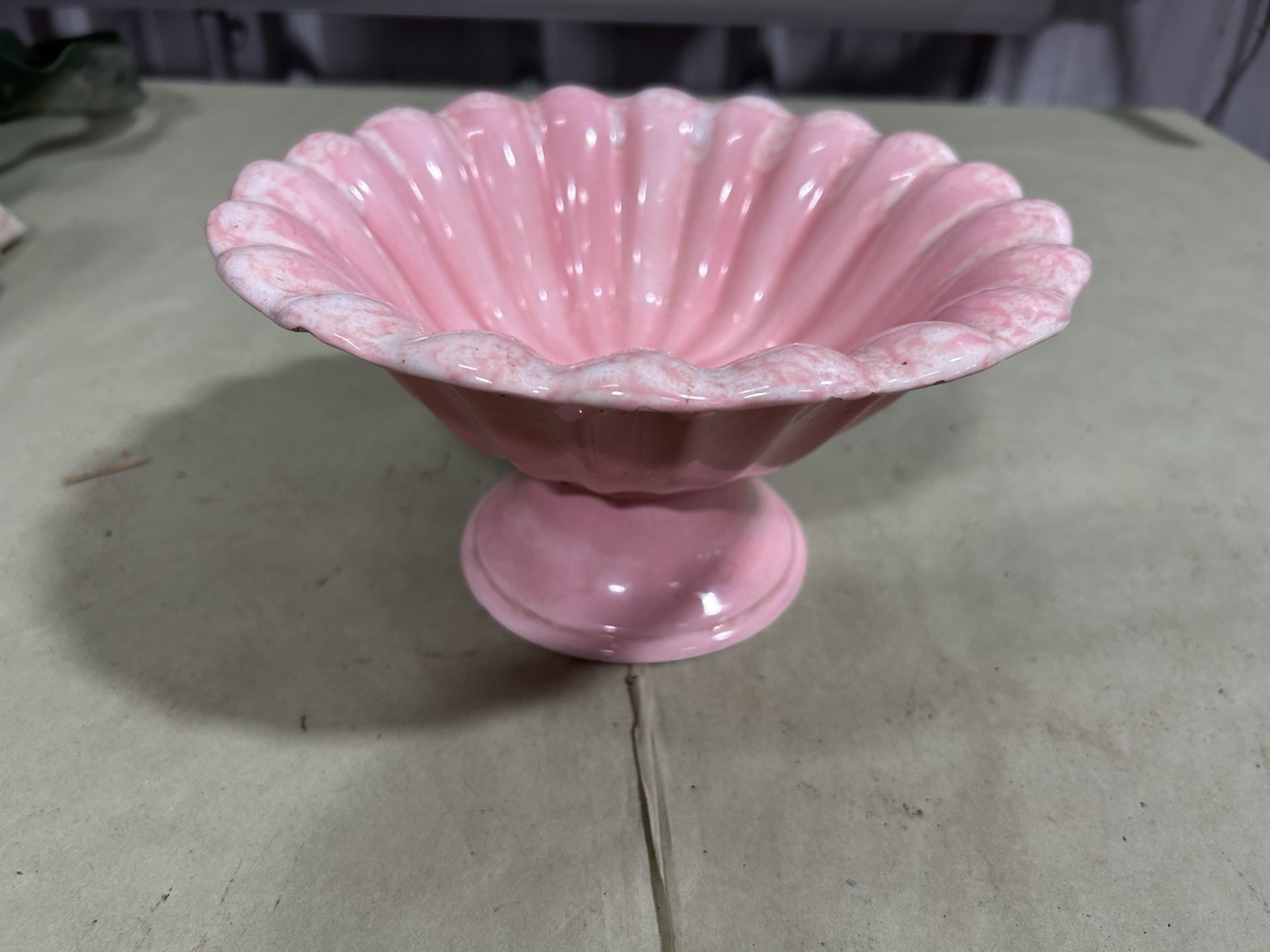 Scalloped Pink And White Pedestal Bowl 8 1/2 Inches At The Top