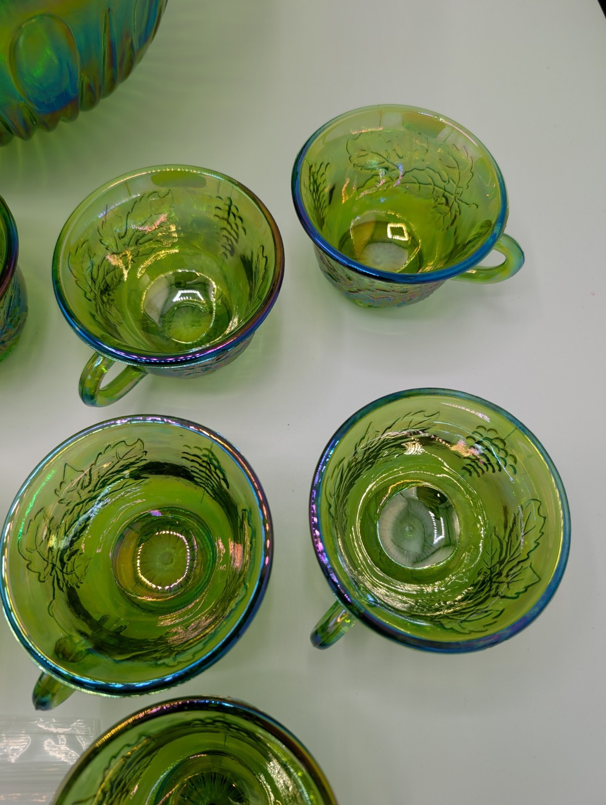 Vintage Indiana Carnival Glass Iridescent Green Punch Bowl Set With 12 Cups