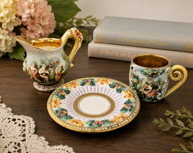 Vintage Capodimonte Demitasse Cup, Saucer, Small Creamer Pitcher Italy