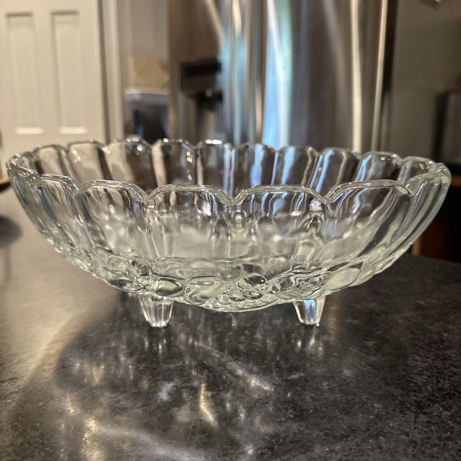 Fruit or Centerpiece Bowl ~ Glass Embossed with Grapes and Leaves~ Oval Footed