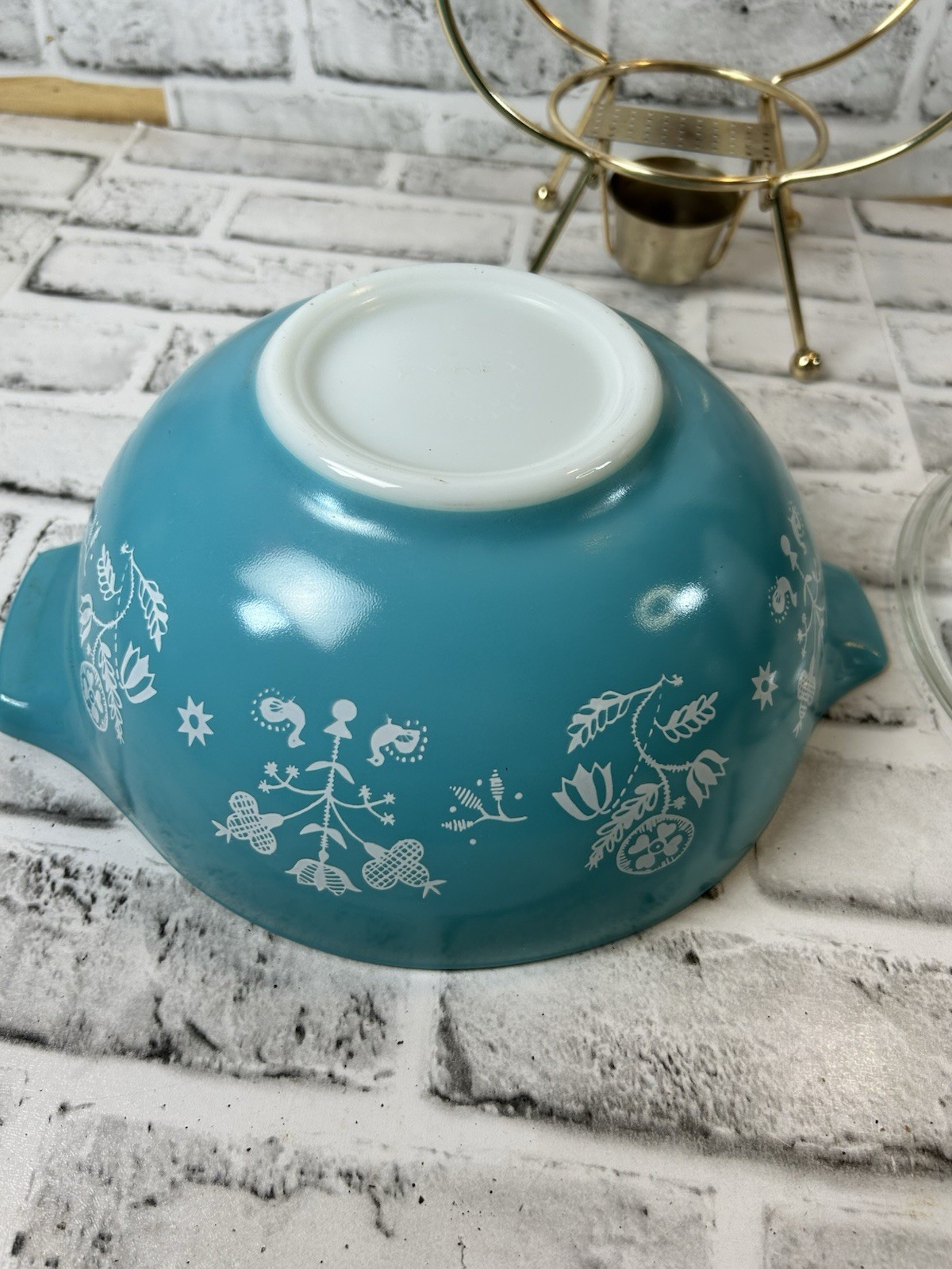 Pyrex Needlepoint Embroidery 443 Cinderella Bowl & Warmer Turquoise 1958 Promo
