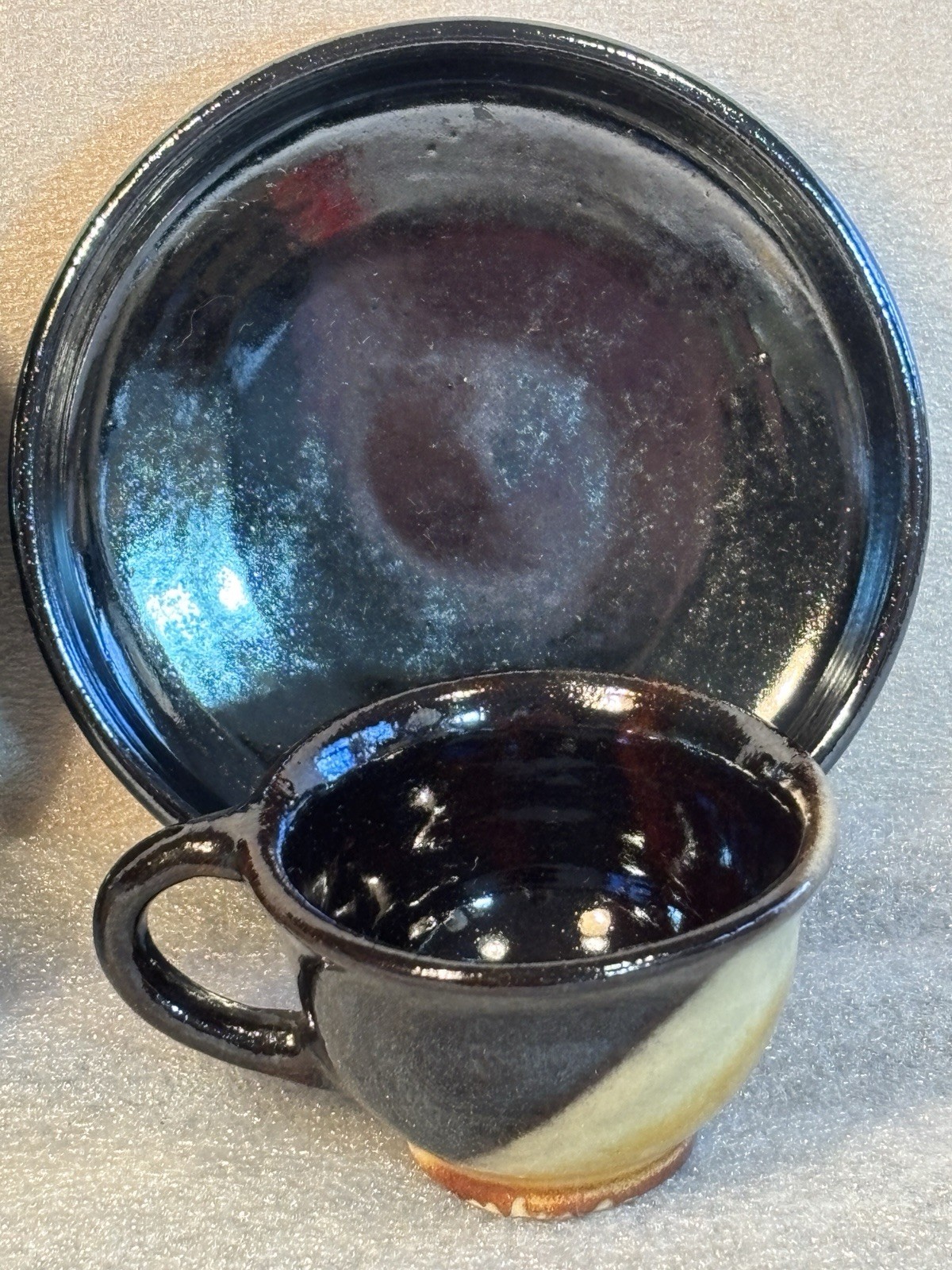 Studio Ceramic Pottery 2 cups & 2 Saucers Hand-Made Black Brown Yellow