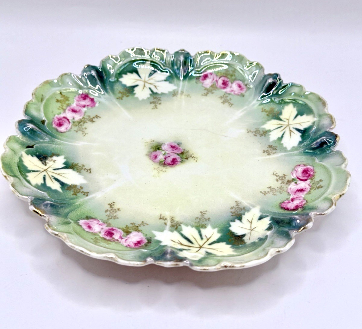 Antique RS Prussia Porcelain Plate Pink Roses Green Gold Molded Leaf 7.75″