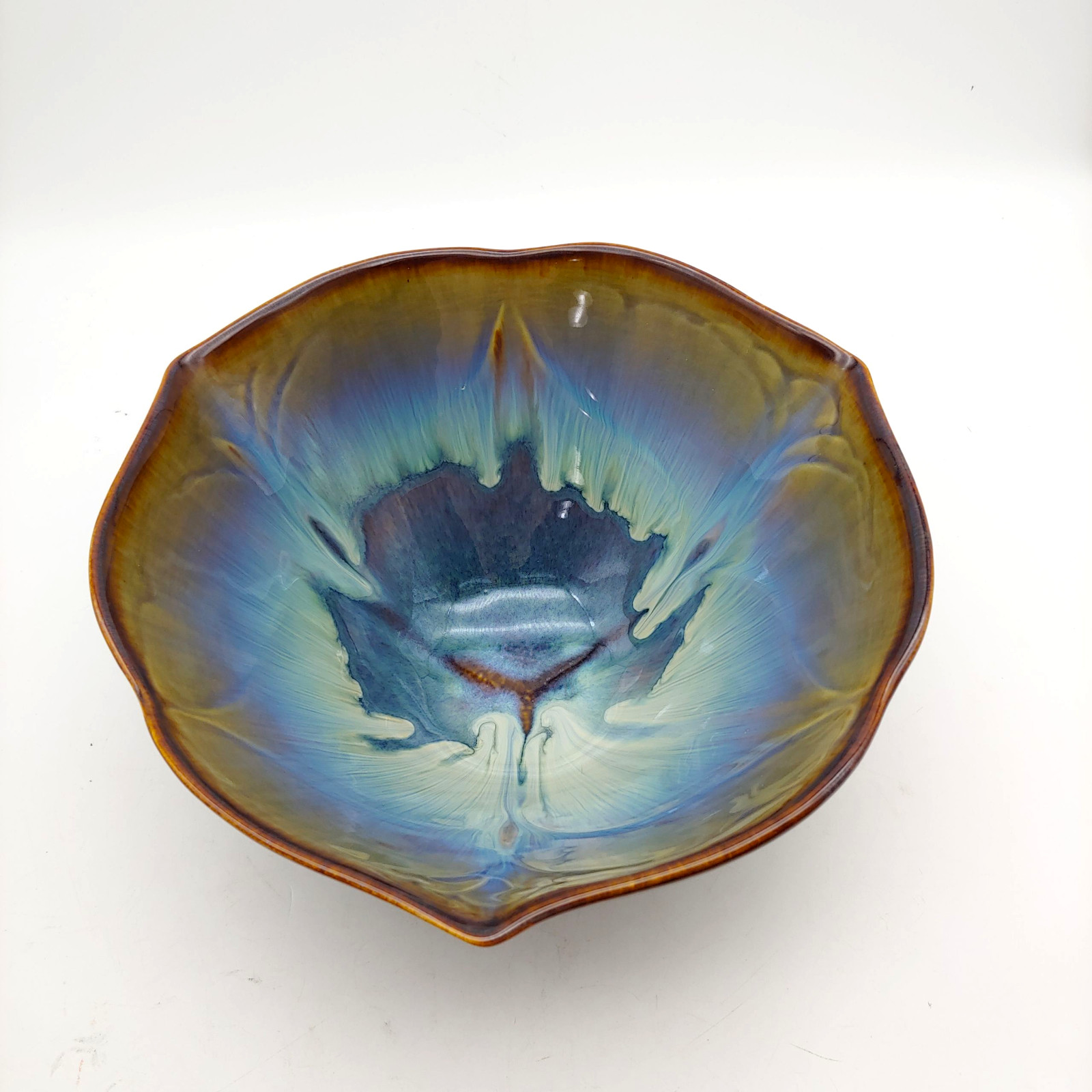 Bill Campbell Studio Pottery Lotus Bowl – 9″ Large Blue Brown Drip Glaze Signed