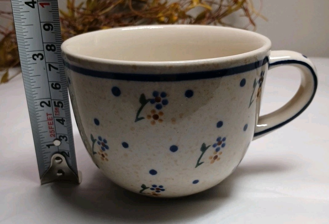 Boleslawiec Polish Pottery Mug Cup Daisy Blue Flower Pattern Beige Replacement