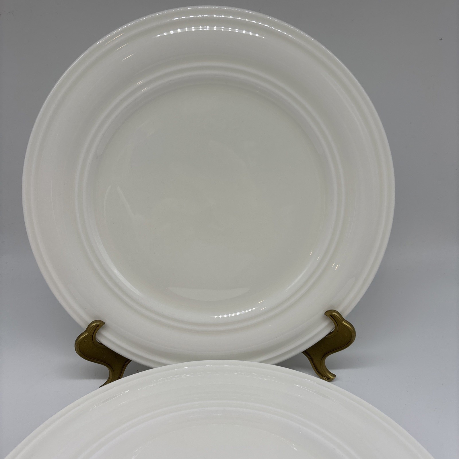 4 Maison Neuve “White” Bone China 10 1/2″ Dinner Plates Embossed Rings Porcelain