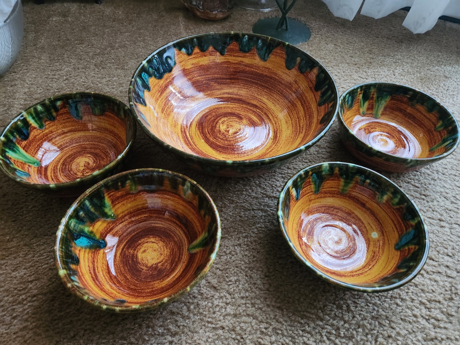 Large pottery salad bowl with 4 serving bowls, unique glaze, mid century