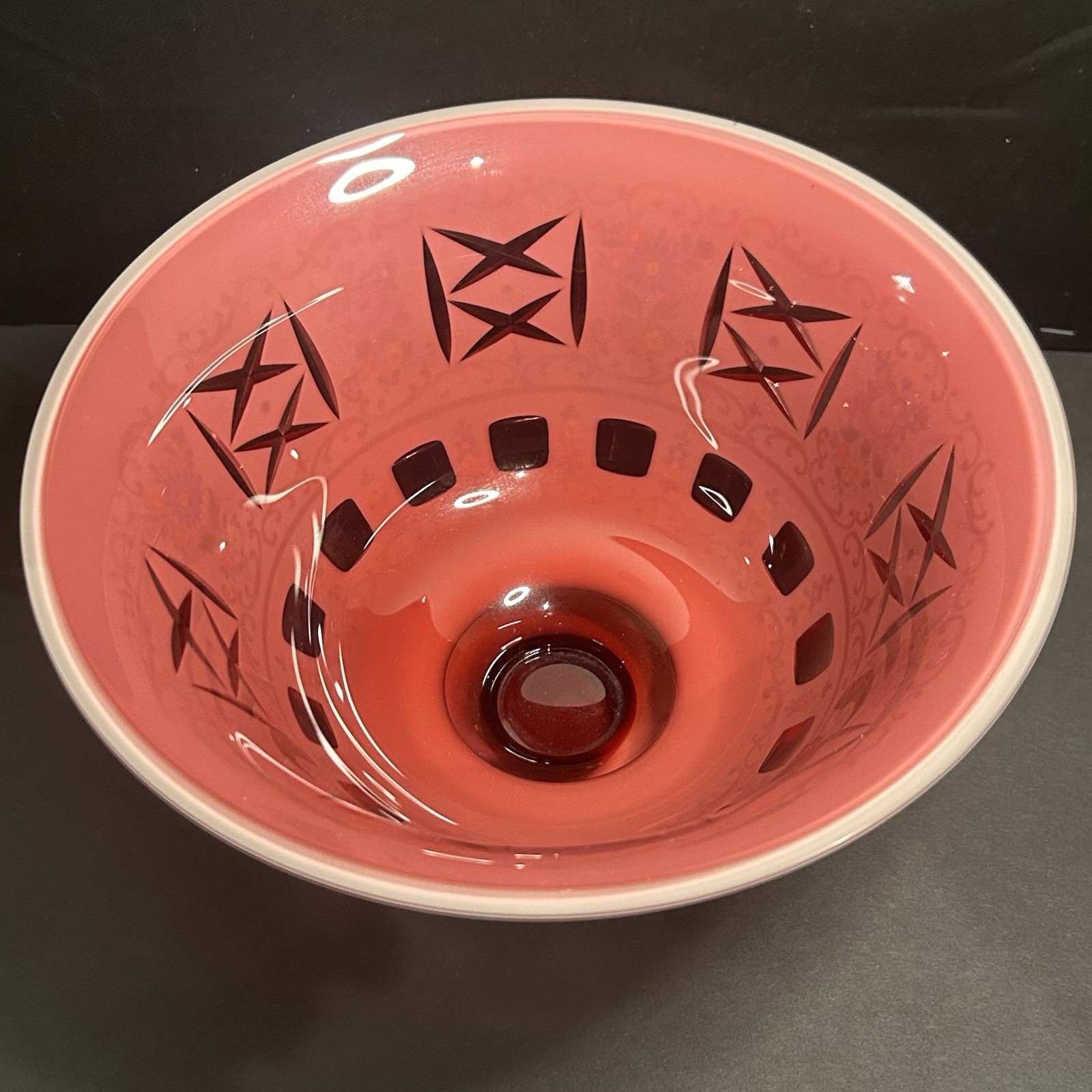 Bohemian Czech White Glass Cut to Pink Pedestal Bowl Hand Painted Flowers 9”