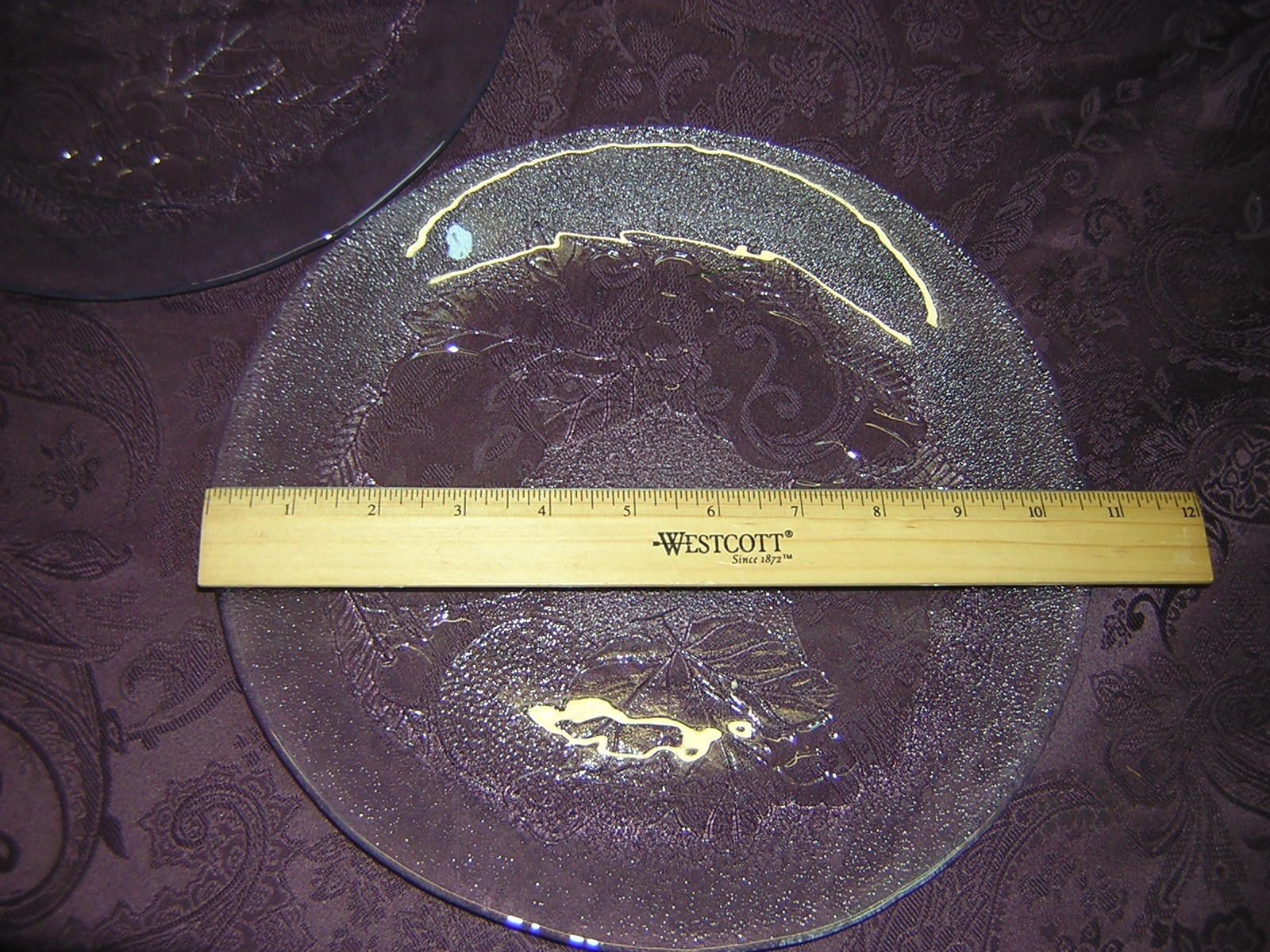 set of 2 pressed glass plates with fruit and leaves, 10 1/2″