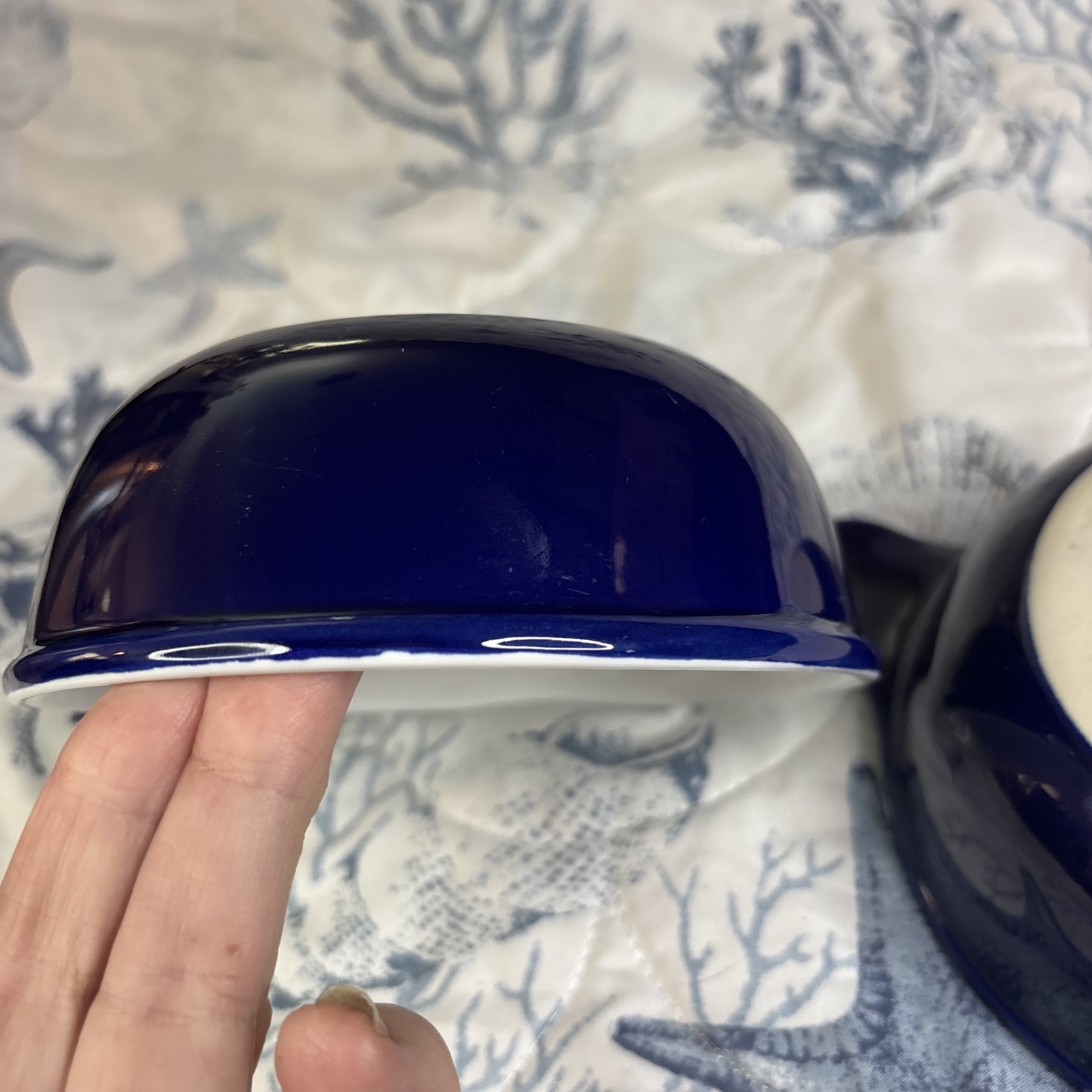 2 Navy Blue & White Interior Nesting Grab Stoneware Matching Bowls-Very Durable