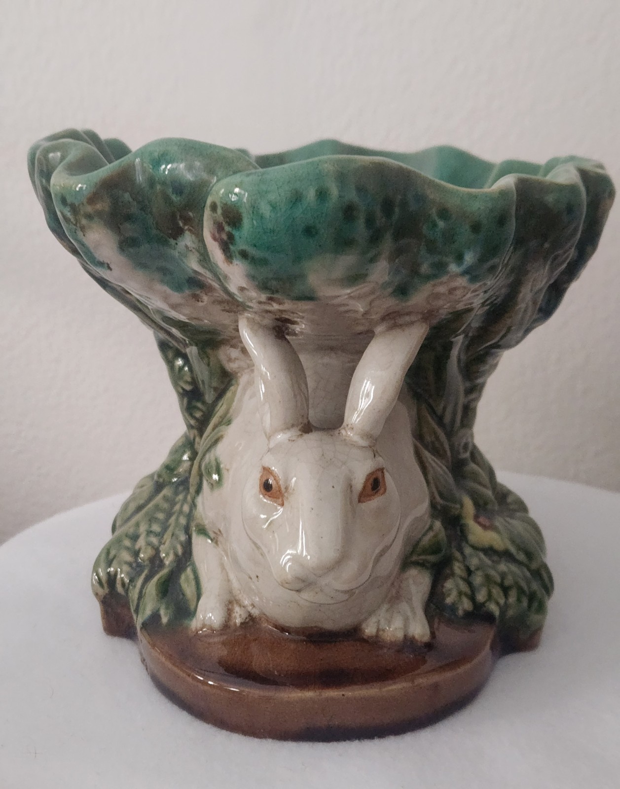 Vtg Majolica Double Rabbit Pedestal Compote Fruit Bowl Centerpiece Easter VGC