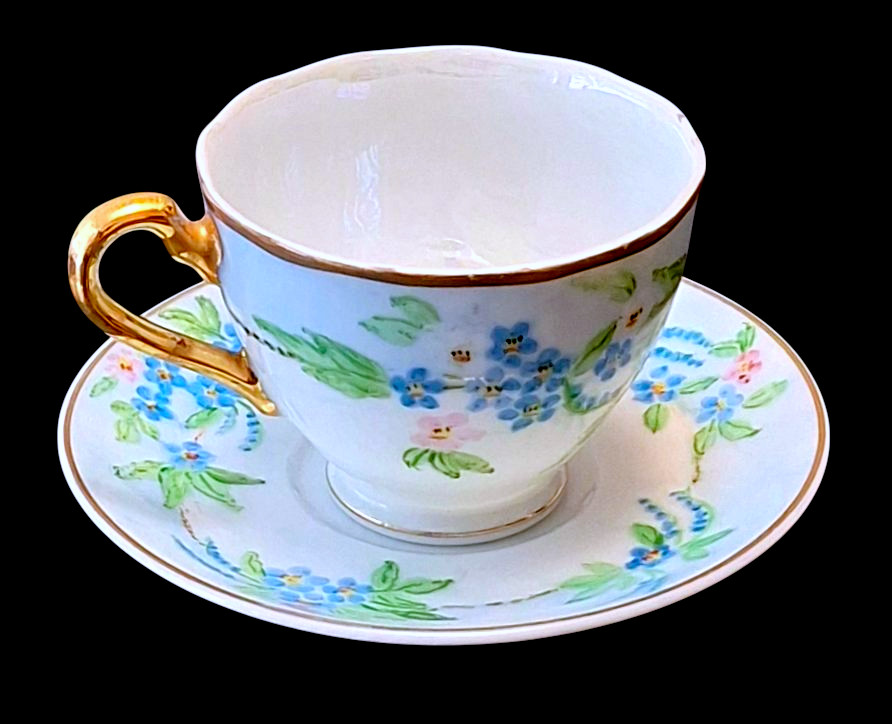 Vintage White Coffee Tea Cup & Saucer Blue Floral Hand-Painted by Ruth of Tucson