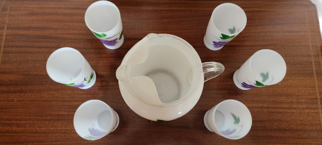 Mid Century Modern Bartlett Collins Frosted Glass Lemonade Pitcher + 6 Glasses
