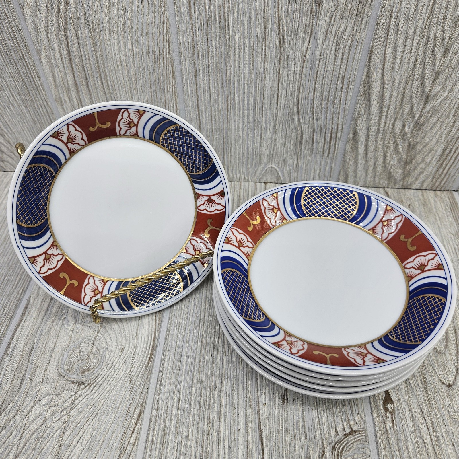 Fitz and Floyd Nishiki Set of 6 Dessert Fruit Sauce Bowls Blue Rust Gold Japan