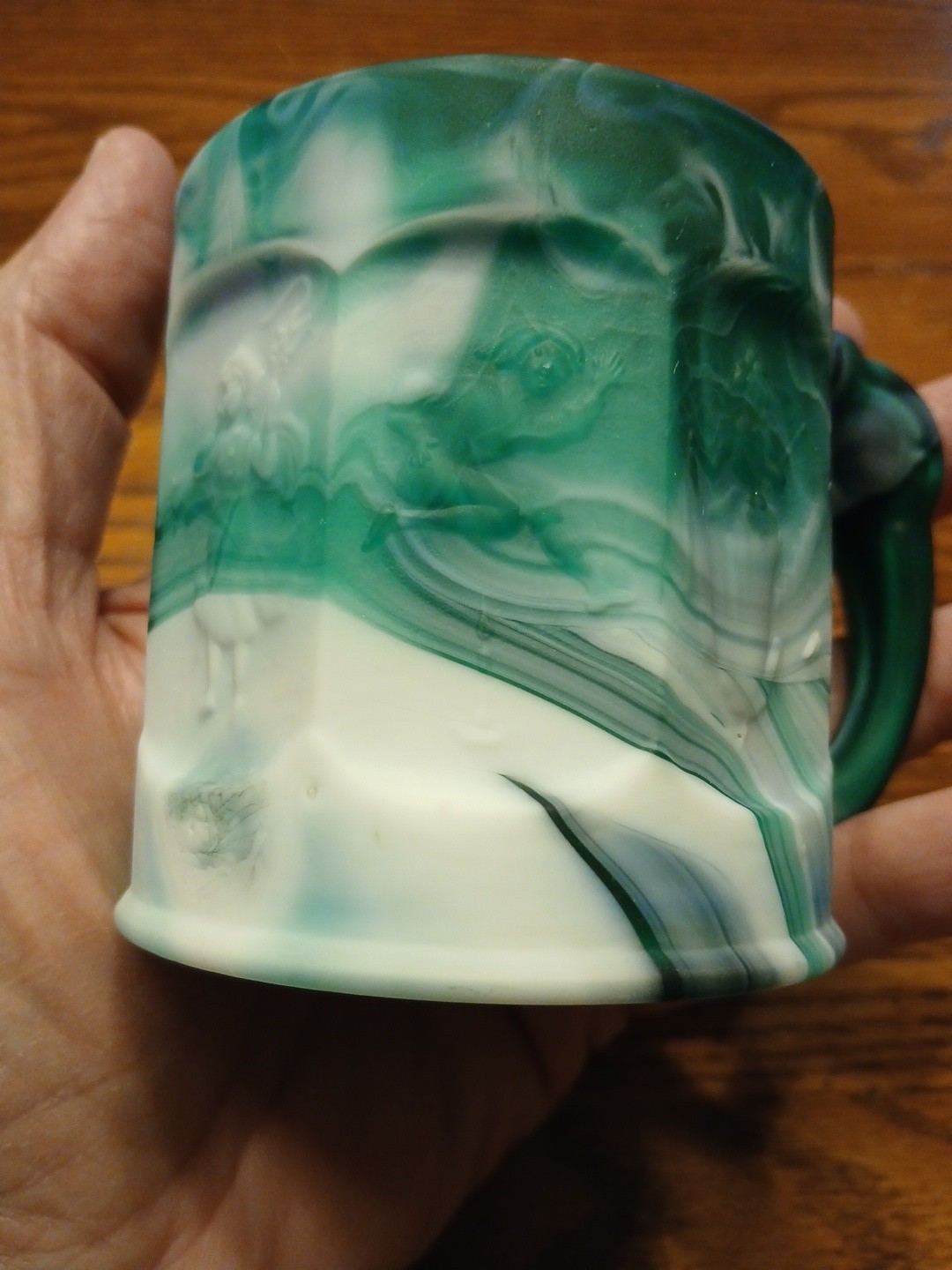 IMPERIAL GLASS Storybook Deep Green Slag Child’s Mug Cup Vintage – Nice!