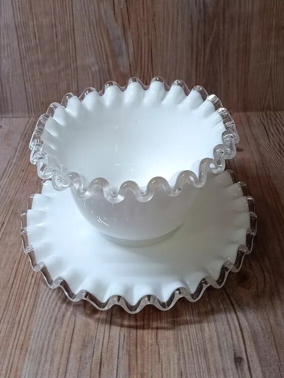 Vintage Fenton Silver Crest Milk Glass Mayonnaise Bowl With Saucer