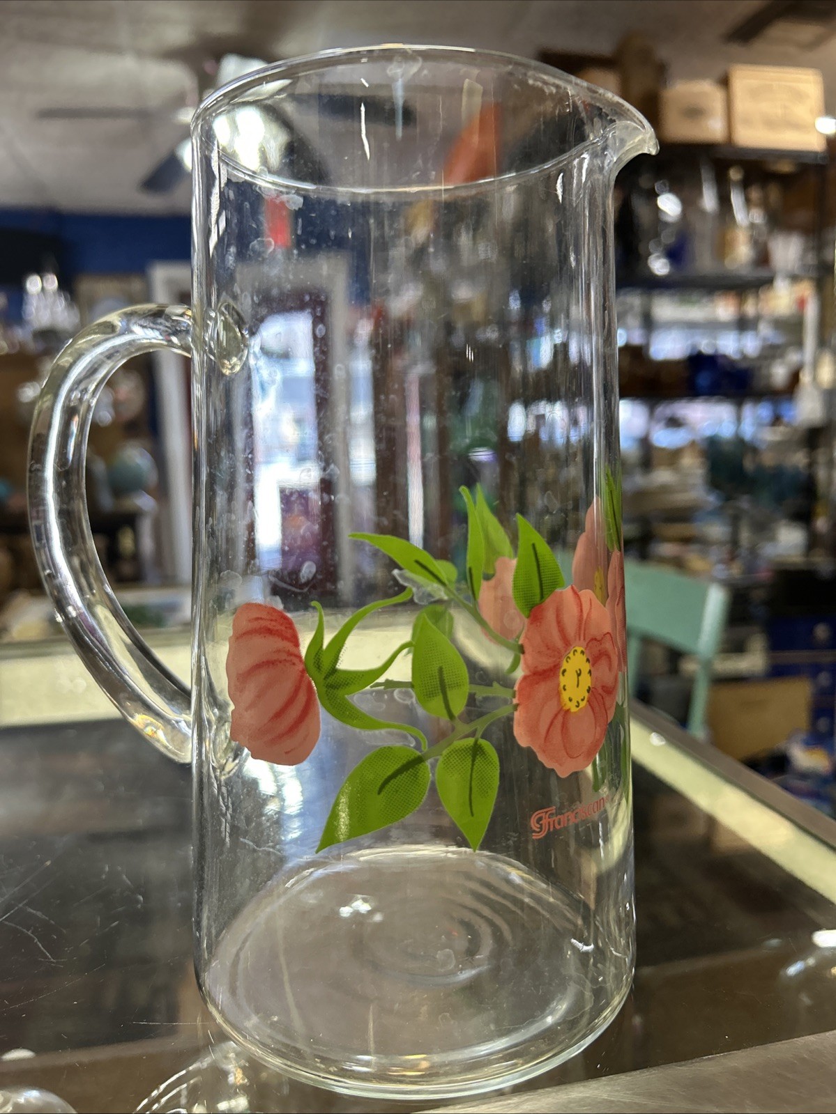 Vintage Franciscan Desert Rose Clear Glass Pink Flower 7.75 in Cocktail Pitcher
