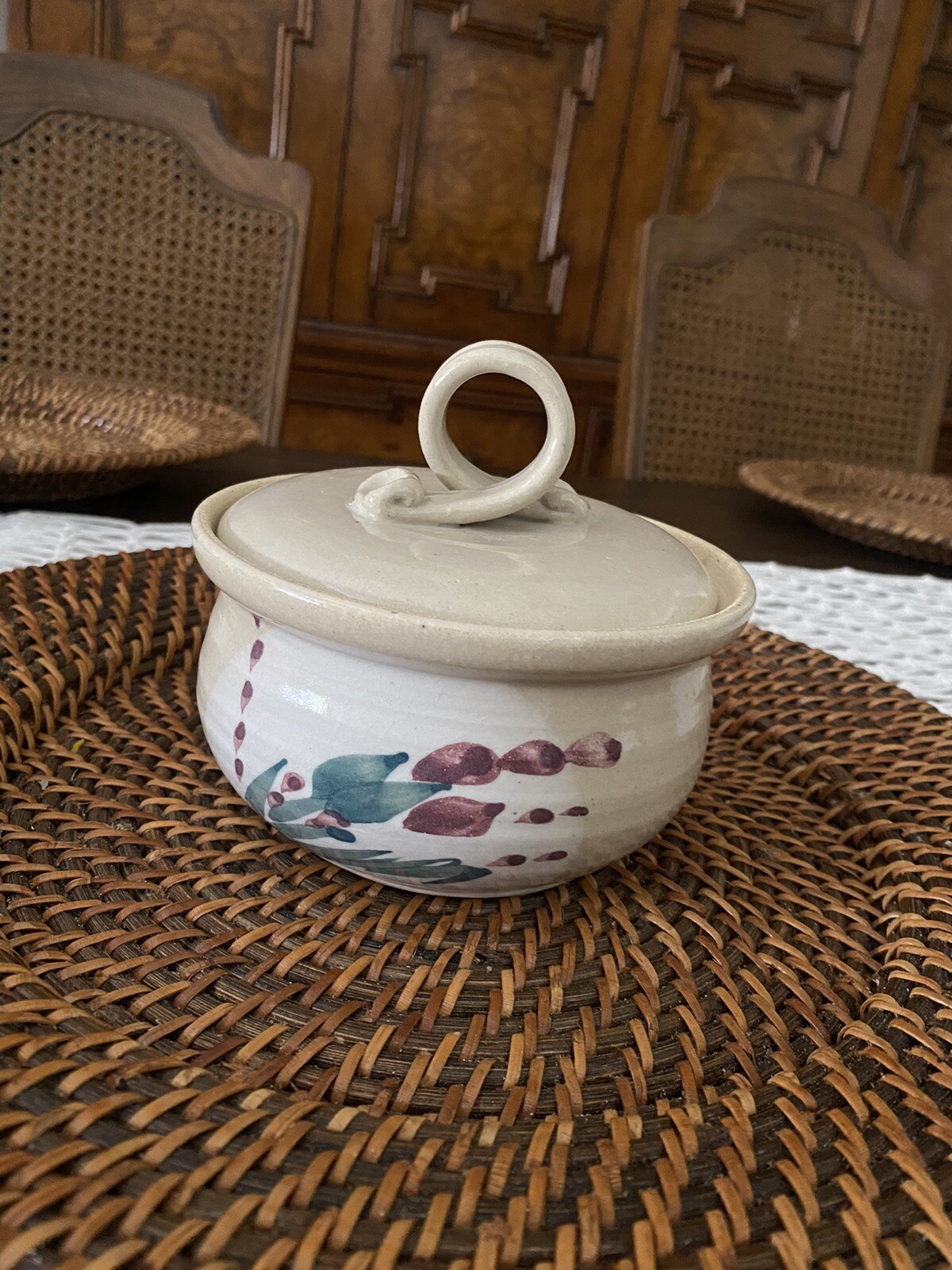 Vintage Signed Stoneware Art Pottery Bowl With Lid 5 1/2 Inches Wide 3 Inches D