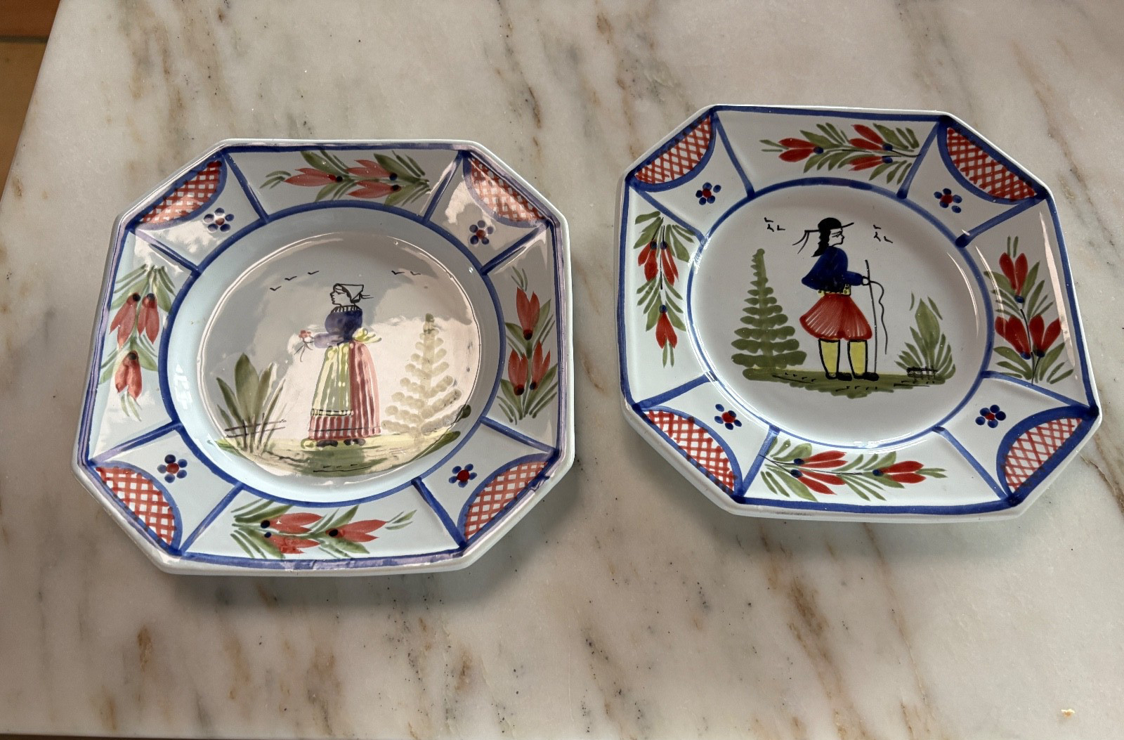 Pair of Henriot Quimper Mistral Blue Breton Octagonal Salad Plates 7.75” France